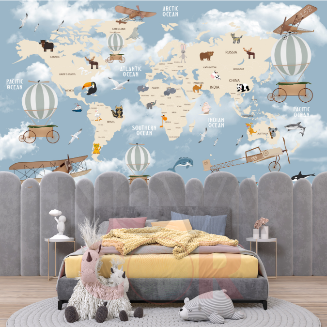 Papel de Parede Infantil Animais Mapa Mundi 1m² - 3