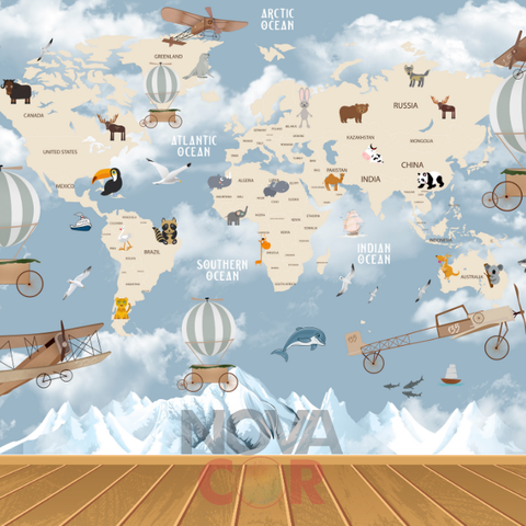 Papel de Parede Infantil Animais Mapa Mundi 1m²