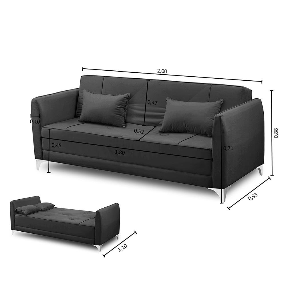 Sofá Cama Vitoria 2,00m 3 lugares Suede Preto Adonai Estofados