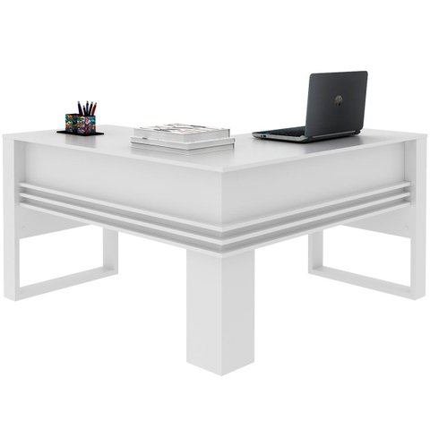 Mesa de Canto para Escritório em L Angular Detalhe Ripado Branco