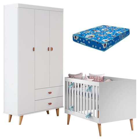 Berço Americano Ludmila e Guarda Roupa 3 Portas Duda Branco Acetinado Bétula com Colchão Ortobom - C