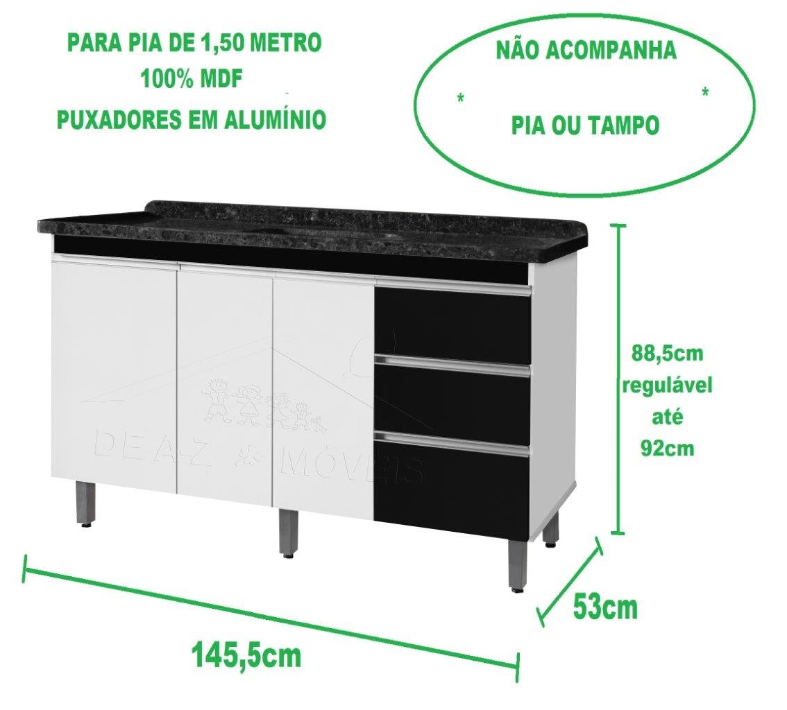 Gabinete Para Pia de 1.50 Metro balcão 100% MDF com Puxador em Alumínio inteiro chapa de 15mm ultima - 5