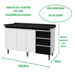 Gabinete Para Pia de 1.50 Metro balcão 100% MDF com Puxador em Alumínio inteiro chapa de 15mm ultima - 5