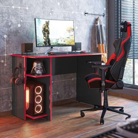Mesa Computador Gamer 3875 com Suporte Fone de Ouvido - Qmovi Cor Preto / Vermelho