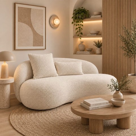 Sofá Orgânico com 2 Almofadas Valen 186cm Bouclé Off White - Sallar Home
