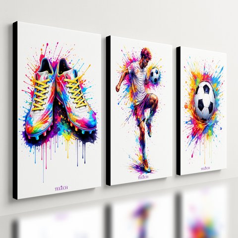 Kit 3 Quadro Decorativo Futebol Jogador Bola Colorido Quarto Qualidade Premium 28x20cm