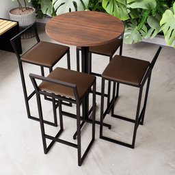 Conjunto Mesa Alta Bar Bistrô Redonda Imbuia 4 Banquetas Estofado Industrial Don Castro Decor - 1