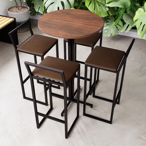 Conjunto Mesa Alta Bar Bistrô Redonda Imbuia 4 Banquetas Estofado Industrial Don Castro Decor