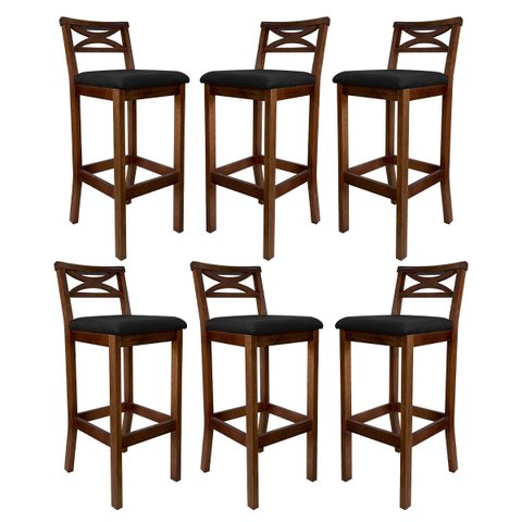 Kit 6 Banquetas Média Estofada para Bancada Madri Madeira Castanho Suede Preto Ccs