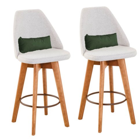 Kit 02 Banquetas Alta Maya Giratória Com Encosto Gourmet Linho Bege e Almofada Suede Verde Musgo
