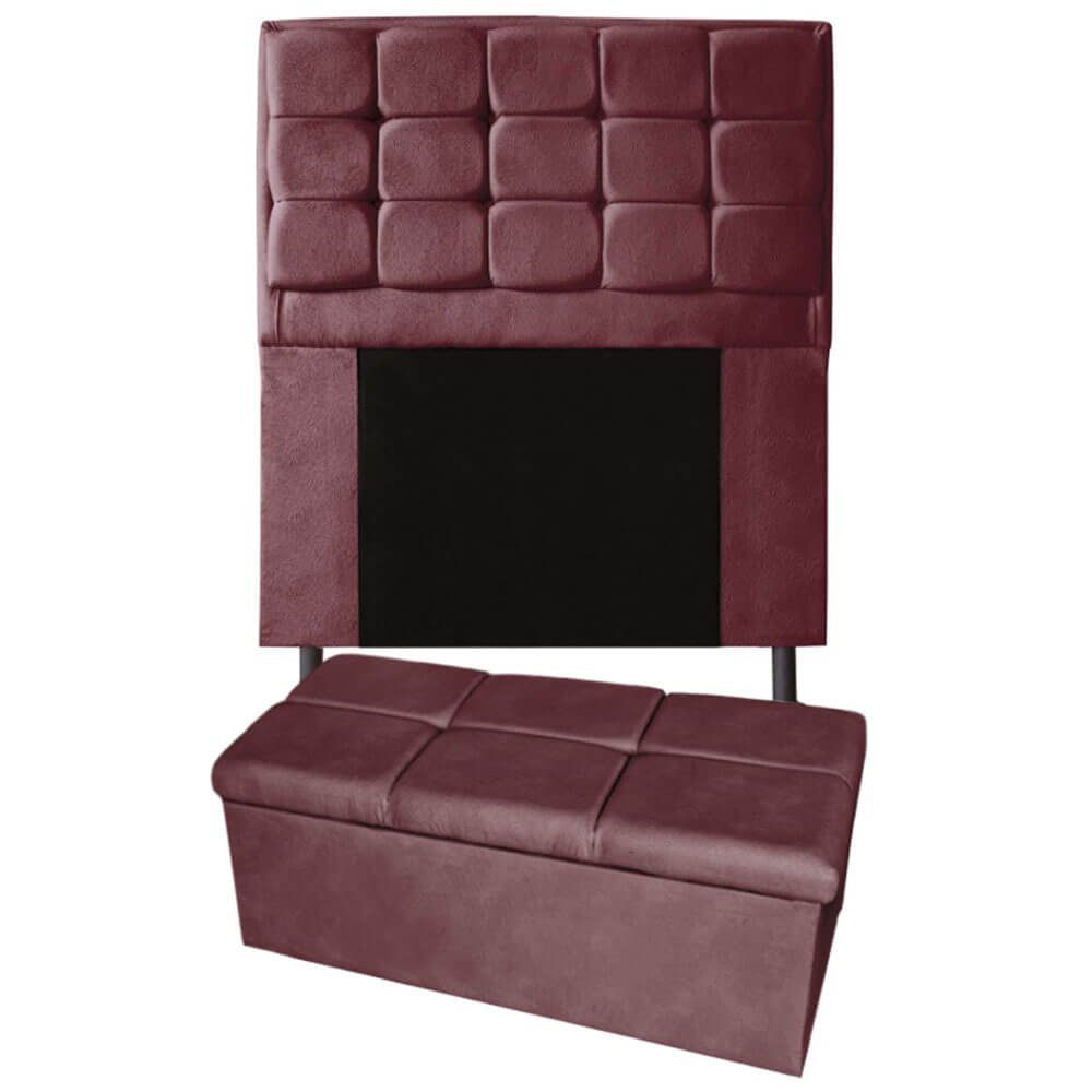 Kit Cabeceira + Calçadeira Baú Copenhague Solteiro 120cm Suede - Ecotec Decor:Vinho - 1