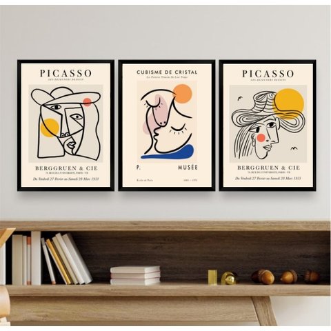 Kit 3 Quadros Minimalistas Cubismo picasso 24x18cm:madeira Branca