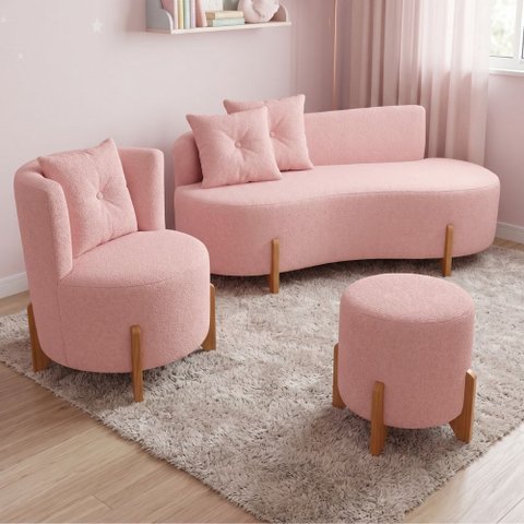 Kit Decorativo Sofá Curvo Orgânico + 01 Puff e Poltrona Luna Veludo Rosa - Montanaris Decor