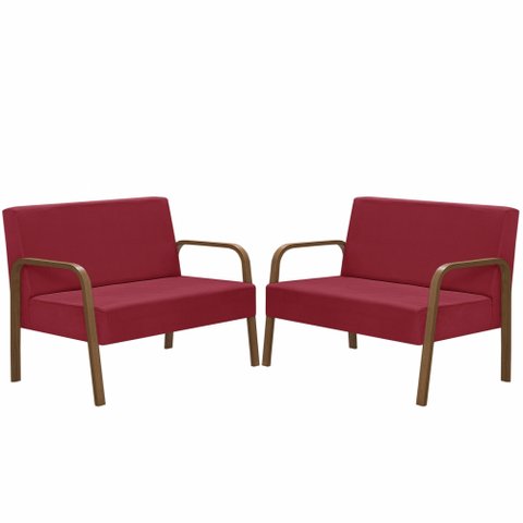 Kit Poltrona Decorativa 2 Namoradeiras Jade Braço Madeira D Salla Suede Vermelho