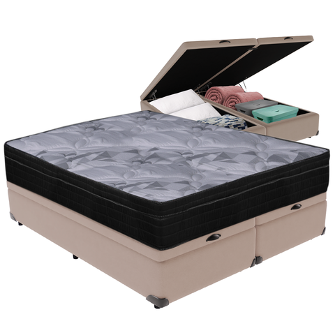 Cama Box Baú e Colchão Airtech Pampa Molas Ensacadas Queen Ortobom:cama Box Baú Bege e Colchão Airte