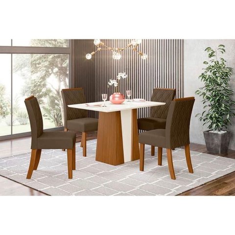 Conjunto Mesa de Cozinha Orus com Tampo Madeirado 120x80cm e 4 Cadeiras Vita Nature Off White Suede