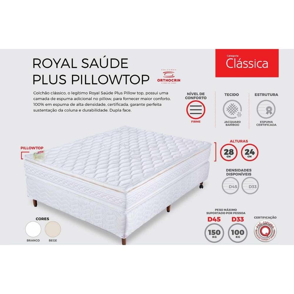 Colchão Casal Espuma D45 Royal Saúde Plus Pró Saúde Pillow Top (138x188x24) - Orthocrin - 2