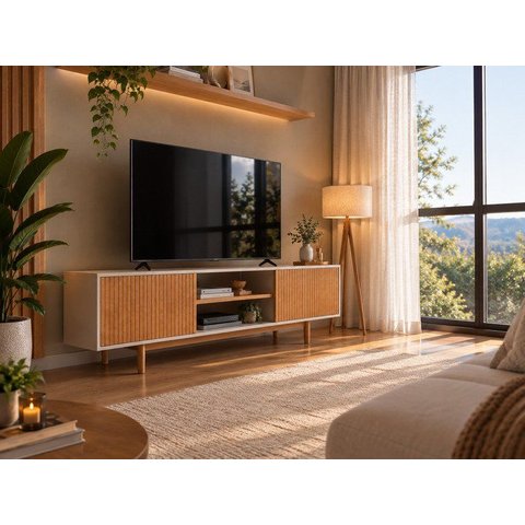 Rack Ripado para TV até 65 Polegadas em MDF/Madeira Maciça 180cm Rischio Off White/Mel