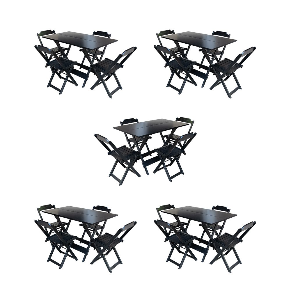 Kit 5 Conjuntos de Mesa Dobravel com 4 Cadeiras de Madeira 120x70 para Restaurante e Bar - Preto - 1