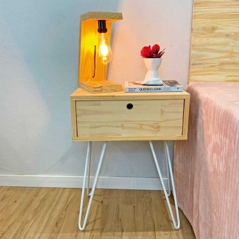 Mesa Lateral de Ferro e Madeira Industrial HairPin Uno com 1 Gaveta Natural e Branco