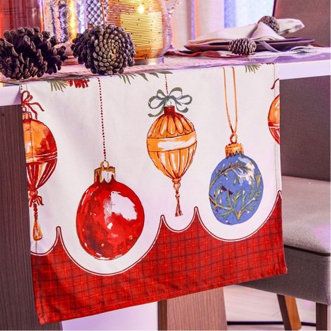 Trilho de Mesa Facile Natalina 40x140cm 100% Poliéster Bolas Laços
