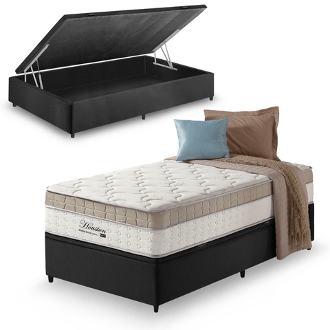 Cama Box Baú Solteiro King Preto + Colchão Molas Ensacadas Pillow In Zidi Houston 96x203x70cm