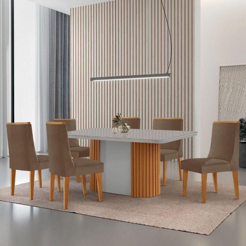 Mesa de Jantar Aspen 180cm Tampo Mdf e Vidro 6 Cadeiras Lisboa Veludo Capuccino/nat/off/serig. Off