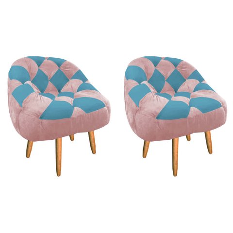 Kit 02 Poltrona Paloma Escritório Sala Pé Palito Suede Rosa Bebê e Suede Azul Turquesa - Dominic Dec