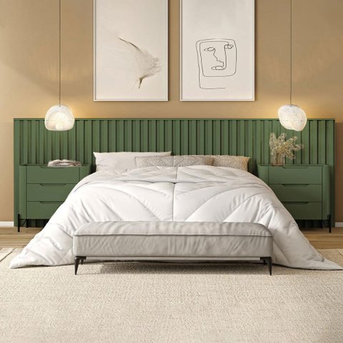 Conjunto Cabeceira King 360cm C/ 2 Mesas de Cabeceira em Mdf Cor:musgo com Preto