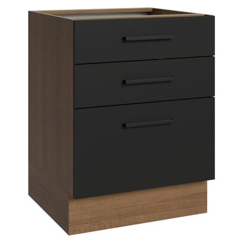 Balcão de Cozinha 60 cm 3 Gavetas (sem Tampo) Rustic/Preto Agata Madesa