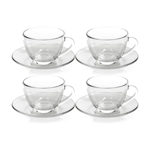 Kit 4 Xícaras de Chá Vidro com Pires em Casa Tem 230ml