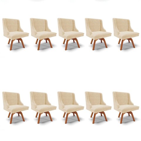 Kit 10 Cadeiras Estofadas Base Giratória de Madeira Lia Suede Bege - Ibiza