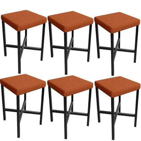 Kit 06 Banquetas Baixa Bar Cozinha Sala de Jantar Preto Stella L02 Tecido Terracota - Lyam Decor