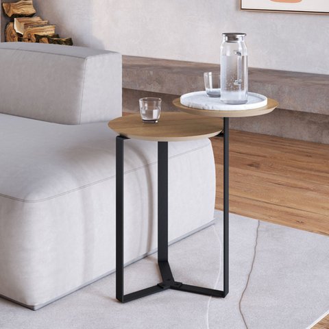Mesa de Centro Orgânica Dois Tampos Chanfrada 44cm Pé Metal Móvel na Caixa