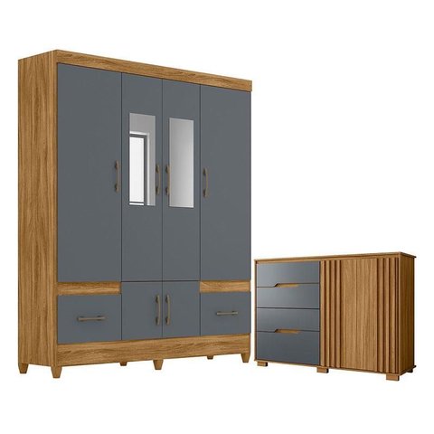 Guarda Roupa Casal Ms912 com Espelho e Cômoda Texas Freijó Cinza – Moval