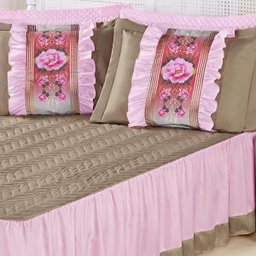Kit Colcha (Colcha + Porta Travesseiro) Queen Bia Caqui com Rosa Liso com 5 peças - 2