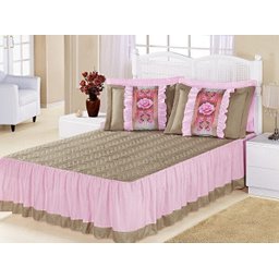 Kit Colcha (Colcha + Porta Travesseiro) Queen Bia Caqui com Rosa Liso com 5 peças - 1