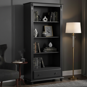 Estante para Livros de Madeira 3 Prateleiras 1 Gaveta Pés Torneados - Preto Laca