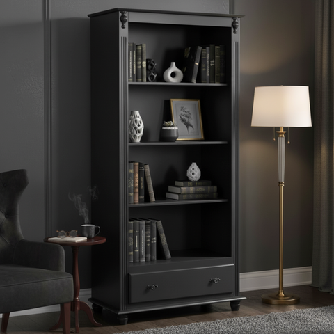 Estante para Livros de Madeira 3 Prateleiras 1 Gaveta Pés Torneados - Preto Laca