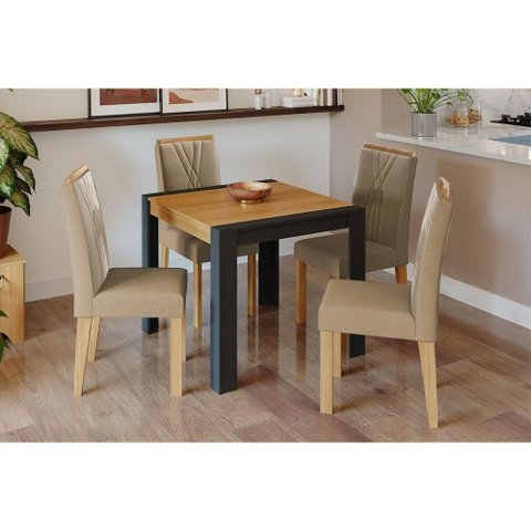 Conjunto: Mesa Sala Jantar Grace Tampo Madeirado 90x90cm e 4 Cadeiras Nicole Savana/nature-suede
