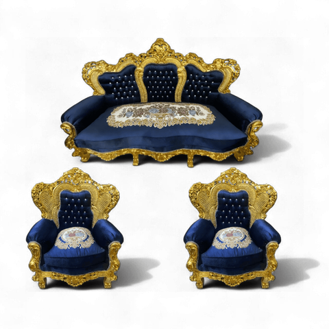 Jogo de Sofá Clássico Azul com Dourado e Par de Poltronas
