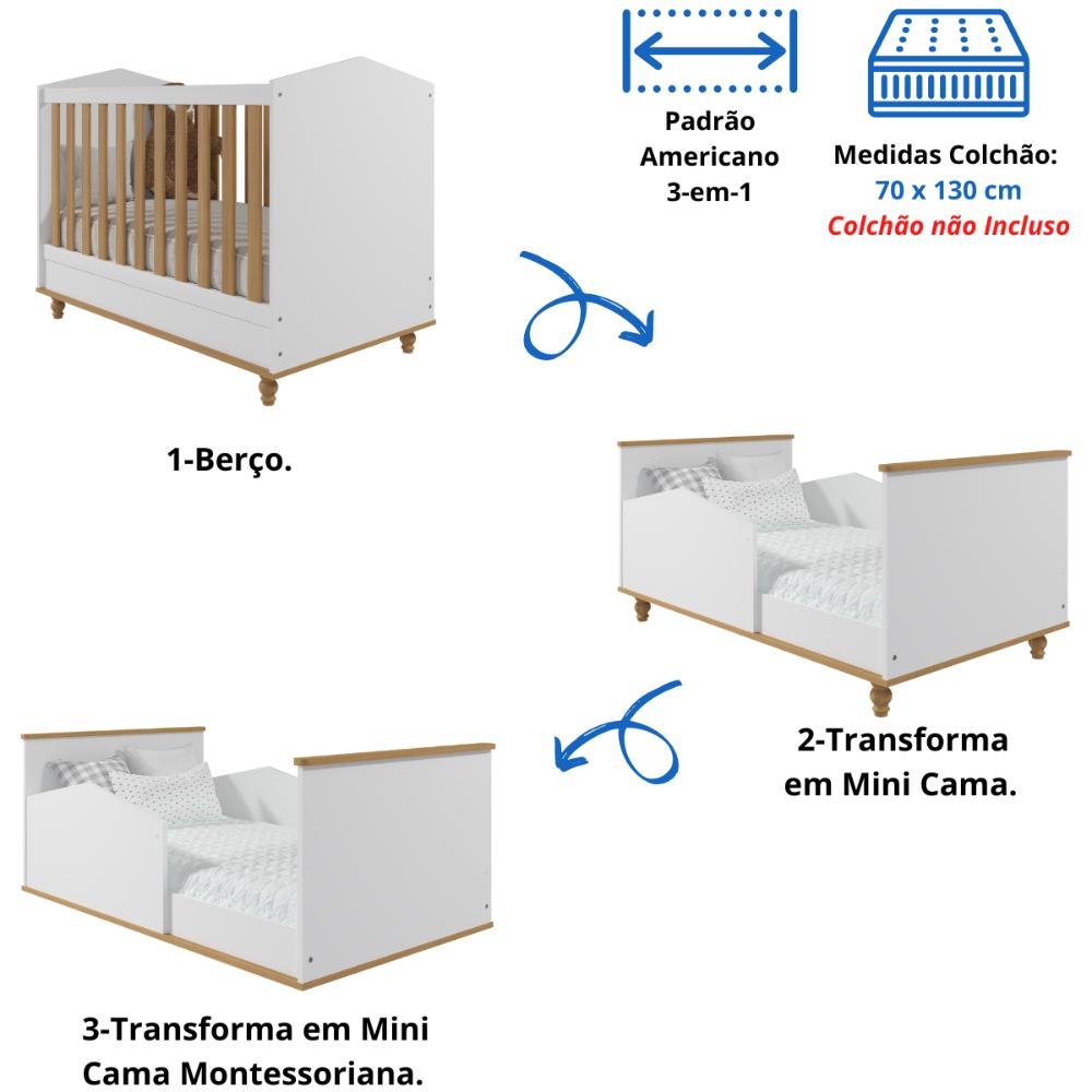 Berço Americano 100% Mdf 3 em 1 Mini Cama Montessoriana Branco - 3