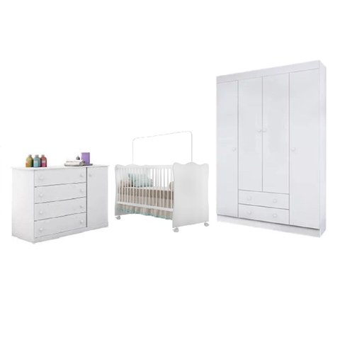 Jogo de Quarto Infantil MDP Maria Berço Mini Cama Doce Sonho c/ Roupeiro e Cômoda