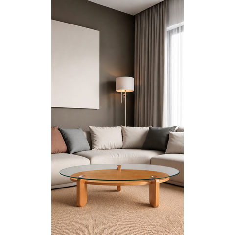 Mesa de Centro Prisma MDF Lamina Natural Tampo Vidro