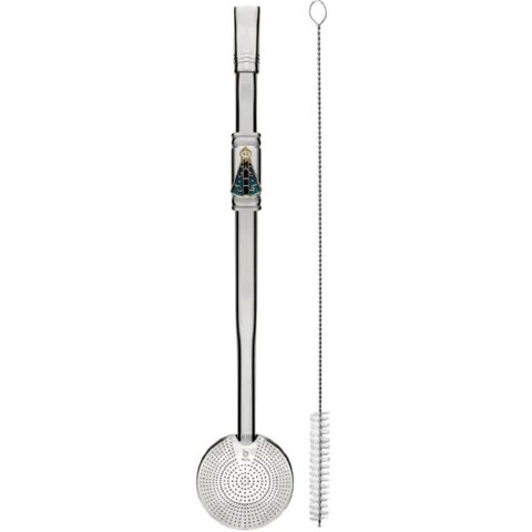 Bomba de Chimarrão Mil Furos Inox 24cm Nossa Senhora Aparecida Azul Bortonaggio Anel Rosca
