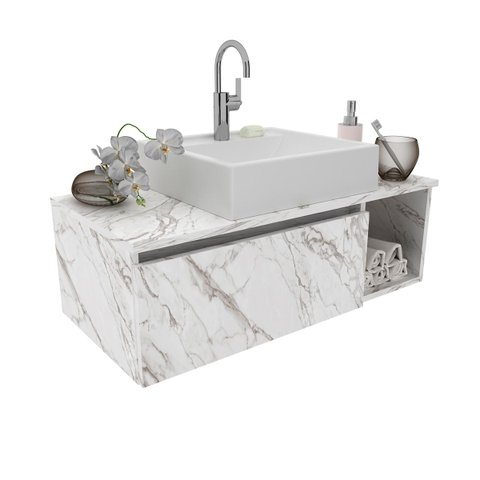 Gabinete Banheiro com Cuba Inclusa com Porta e Nicho 80 cm Cor: Mármore Branco