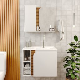Gabinete Banheiro Lotus com 2 Portas Espelheira e Cuba Branco/ripa 3d - 2