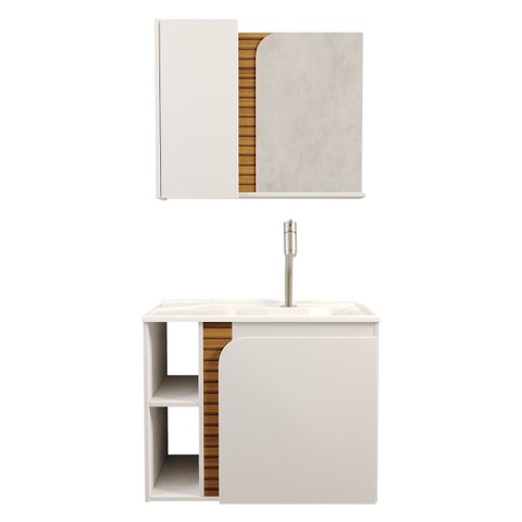 Gabinete Banheiro Lotus com 2 Portas Espelheira e Cuba Branco/ripa 3d