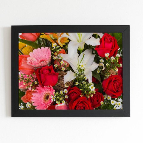 Quadro Buquê Mix de Flores Rosas Moldura Preta 60x40cm