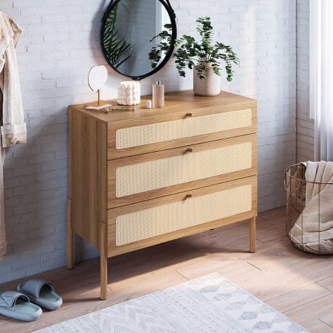 Cômoda Retrô para Quarto com 3 Gavetas e Tela Sintética Cor:hanover com Roble